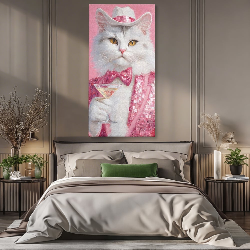 Tablou canvas cu tablou canvas cu motan in costum roz, fara rama, pe sasiu de lemn, pe perete intr-un dormitor